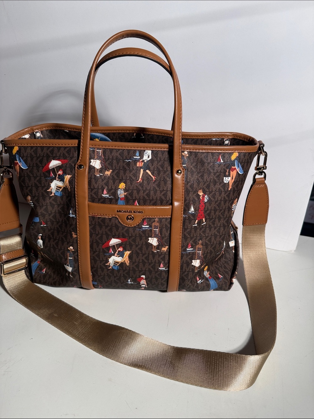 Michael Kors Jet Set Sailor Printed Canvas Messenger Bag with Tan Leather straps